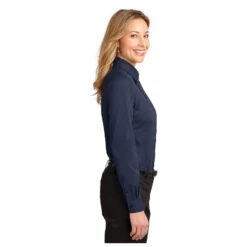 Port Authority Women's NAVY Easy Care Long Sleeve Shirt 5 Port Authority Women's NAVY Easy Care Long Sleeve Shirt -Columbia Clothing Shop 1694 NavyLtStone 3 L608NavyLtStoneModelSide 1200W