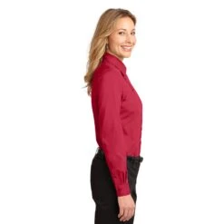 Port Authority Women's RED Easy Care Long Sleeve Shirt -Columbia Clothing Shop 1694 RedLtStone 3 L608RedLtStoneModelSide 1200W