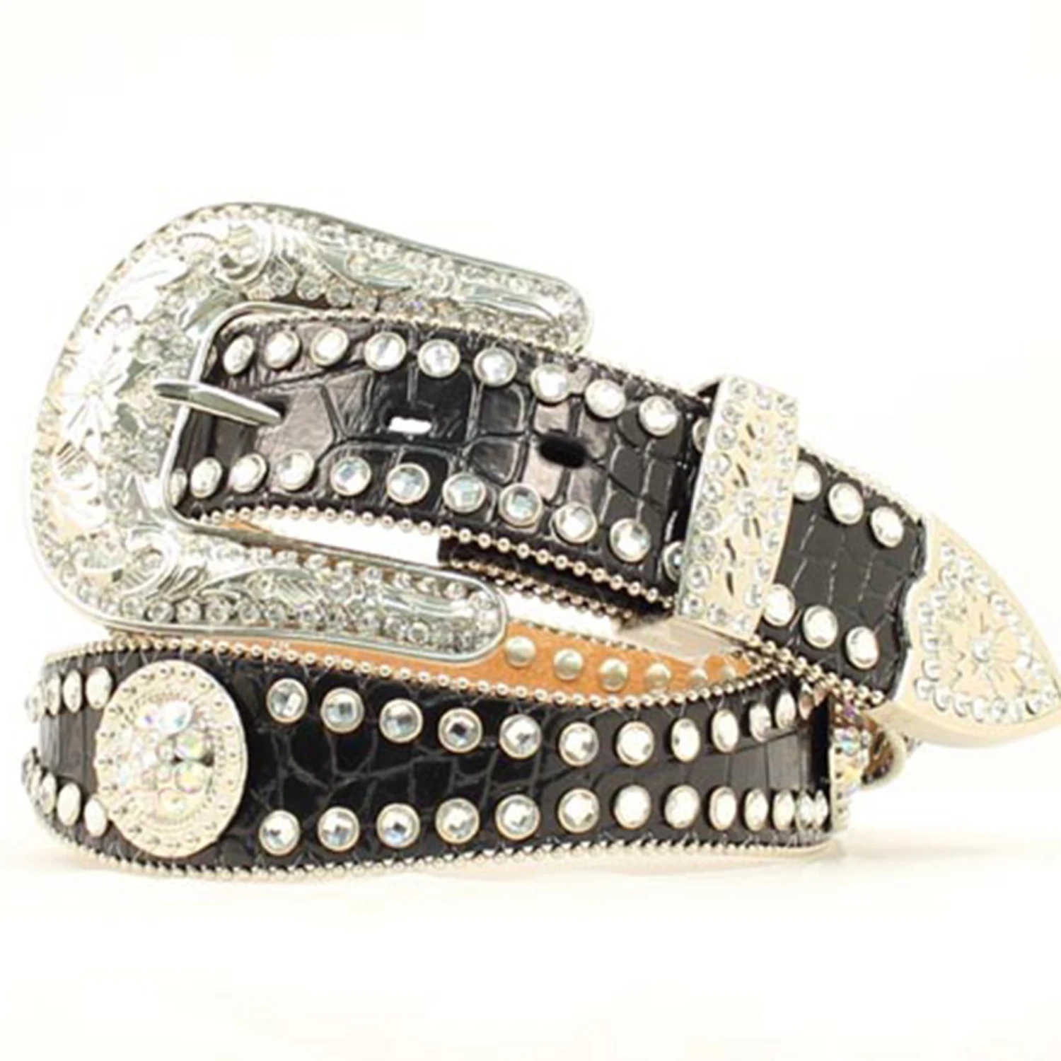 Ladies Black Croc Print Leather Belt 1 Ladies Black Croc Print Leather Belt