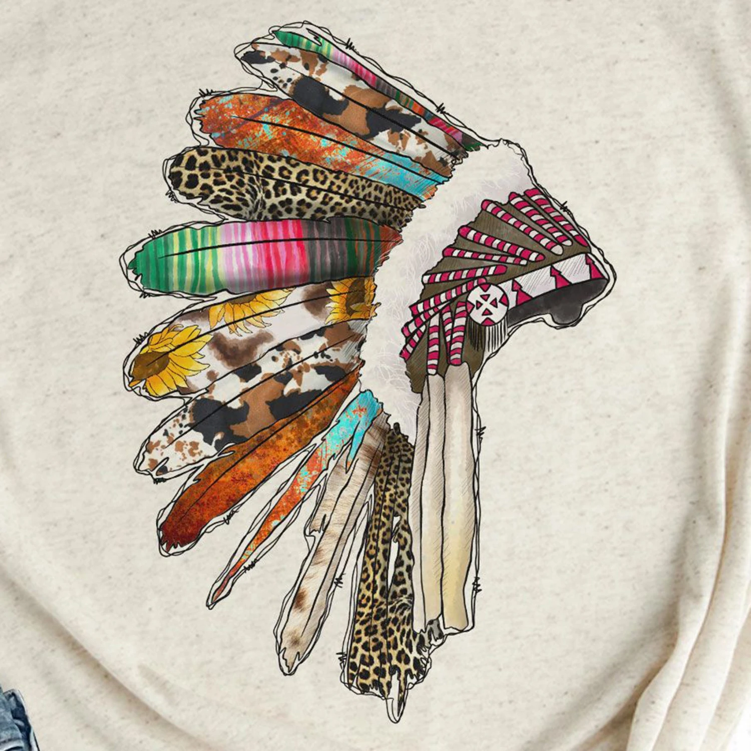 Cream Colorful Indian Headdress Graphic Tee 2 Cream Colorful Indian Headdress Graphic Tee - Image 2
