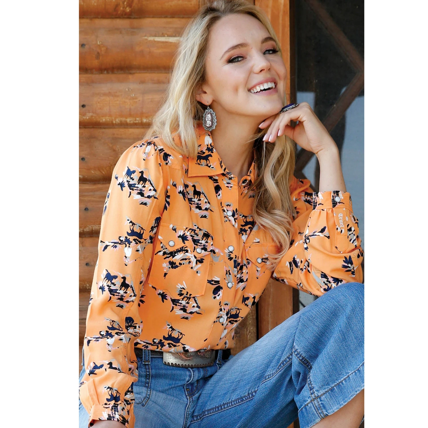 Cruel Girl Women's Orange Horse Print Long Sleeve Shirt 1 Cruel Girl Women's Orange Horse Print Long Sleeve Shirt