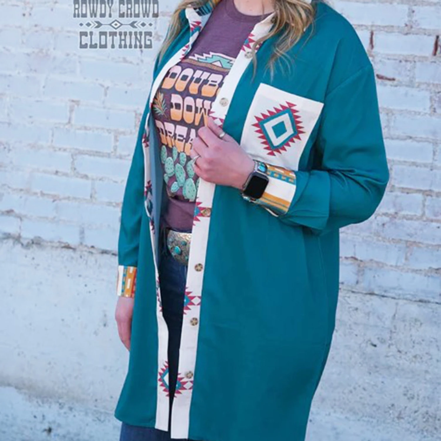 Rowdy Crowd Women's Teal/Aztec Duster Dress 2 Rowdy Crowd Women's Teal/Aztec Duster Dress - Image 2