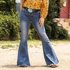 Lucky & Blessed Stone Wash Raw Hem Bell Bottom Jeans