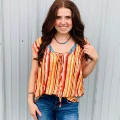 Coral Aztec Striped Short Sleeve