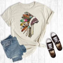 Cream Colorful Indian Headdress Graphic Tee