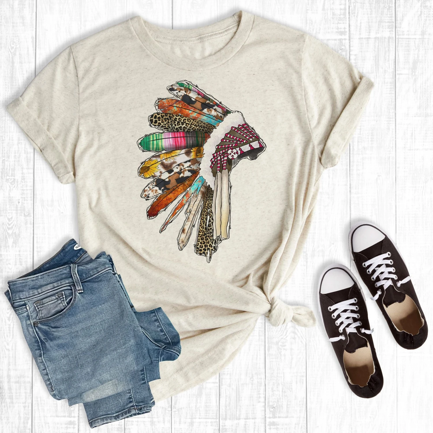 Cream Colorful Indian Headdress Graphic Tee 1 Cream Colorful Indian Headdress Graphic Tee