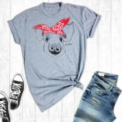 Rebel Rose Lt. Grey Graphic Tee - Pig Head With Red Bandana